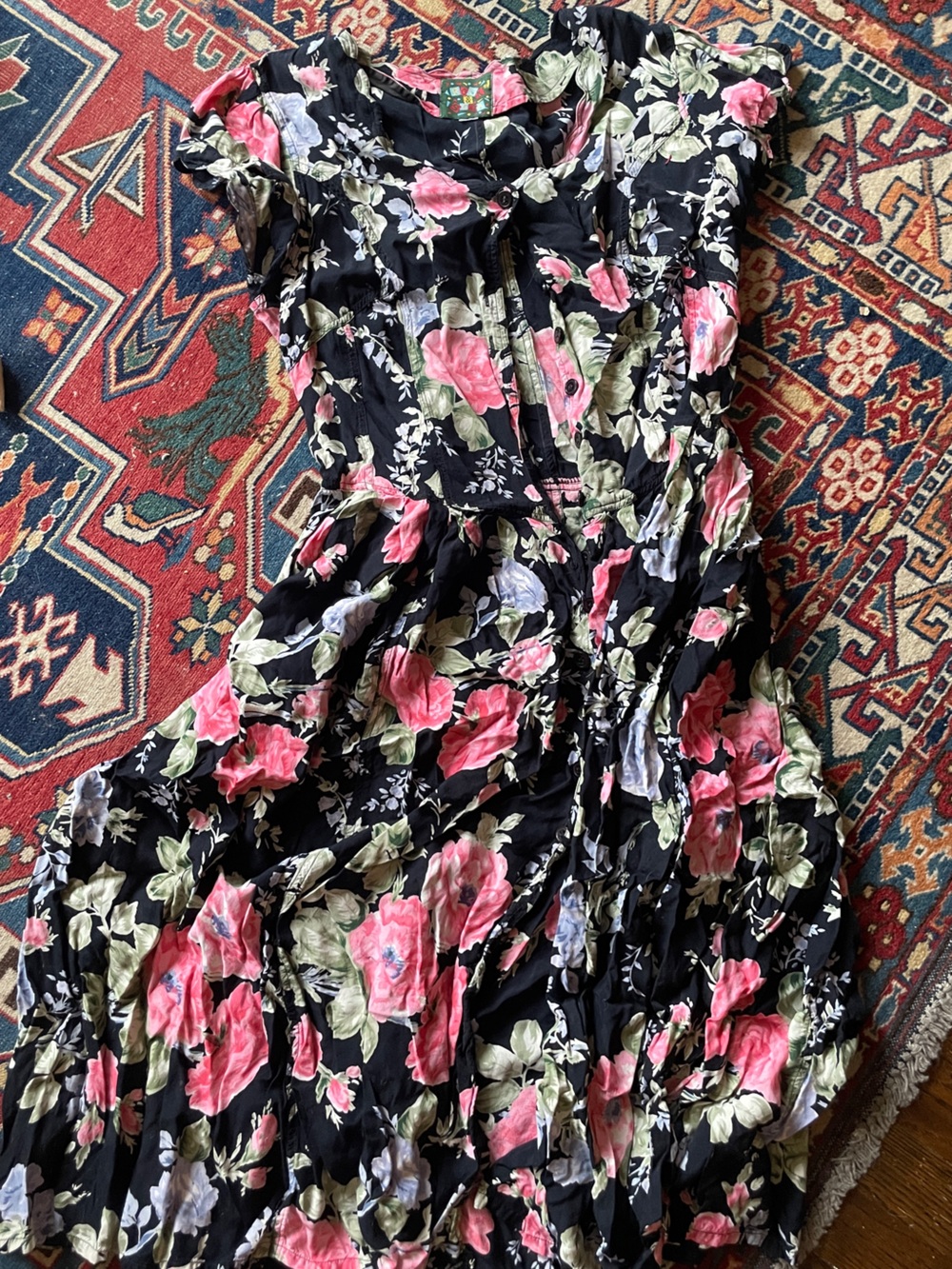 Vintage Black Maxi Dress with Pink & Green Floral Print
